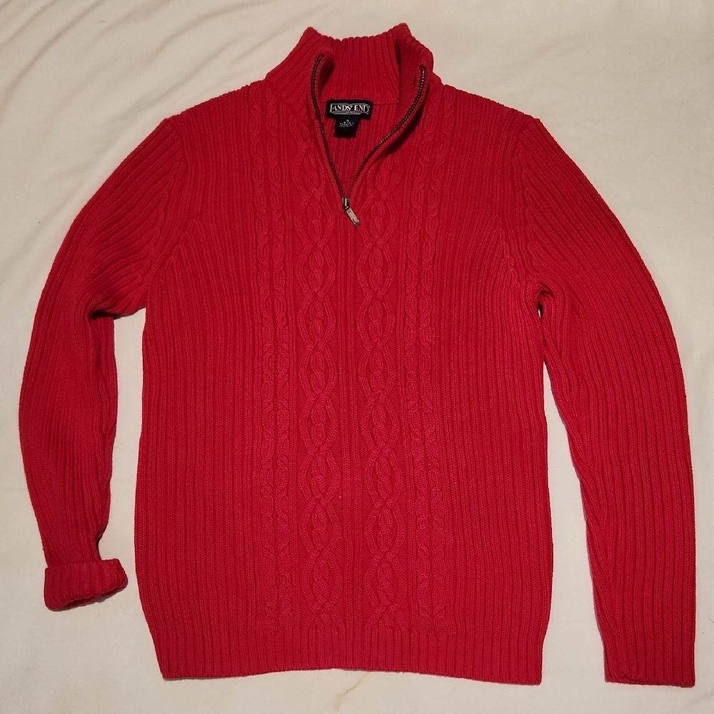 Lands' End | Women's Red Cable Knit Turtleneck 100% Cotton Sweater Sz 8-10 HEAVY